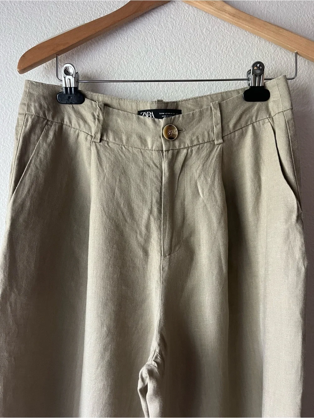 Zara Relaxed Linen Wide Leg Crop Trouser Pleat Front Pant Khaki Tan Size M